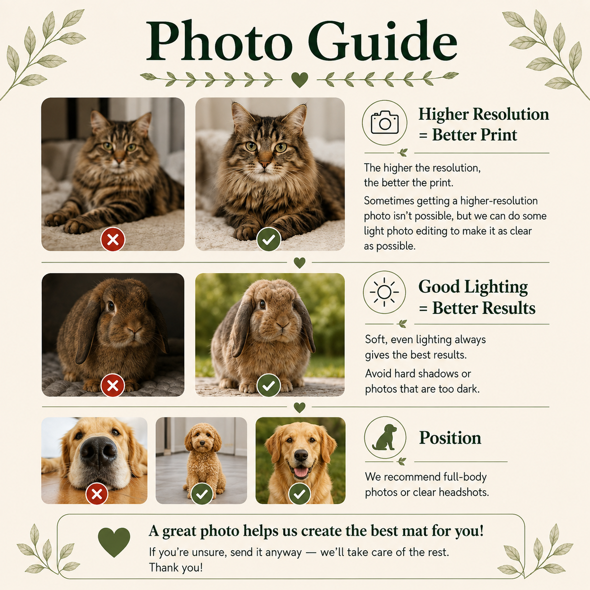 Photo guide for the personalized dog placemat: resolution, lighting and framing examples for pet photos.