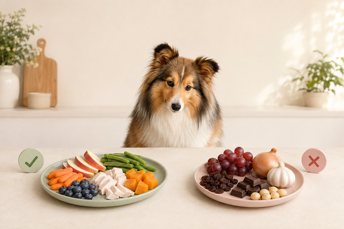Shetland Sheepdog behind two plates showing dog-safe foods such as chicken, carrots, blueberries, apples, green beans, and pumpkin, and unsafe foods including grapes, raisins, chocolate, onion, garlic, and macadamia nuts.