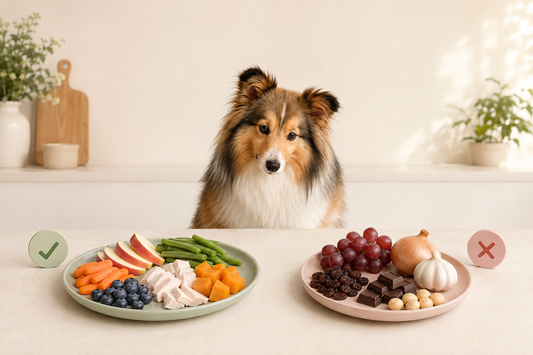 Shetland Sheepdog behind two plates showing dog-safe foods such as chicken, carrots, blueberries, apples, green beans, and pumpkin, and unsafe foods including grapes, raisins, chocolate, onion, garlic, and macadamia nuts.