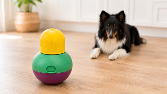 A yellow, green, and purple stacked treat-dispensing dog toy on a wood floor, with a black, white, and tan long-haired dog lying in the background near a woven basket and potted plant in a bright kitchen