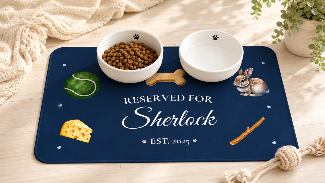 Personalized dog feeding mat with custom name and favorite things icons