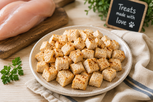 Plate of air fried chicken cubes for dogs next to raw chicken breast and a "treats made with love" sign