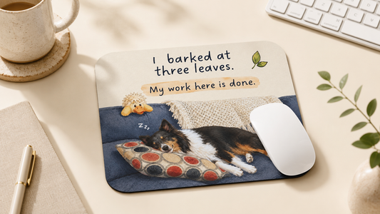 Reactive dog asleep on the couch after a barking episode — the exact photo used on the mousepad design