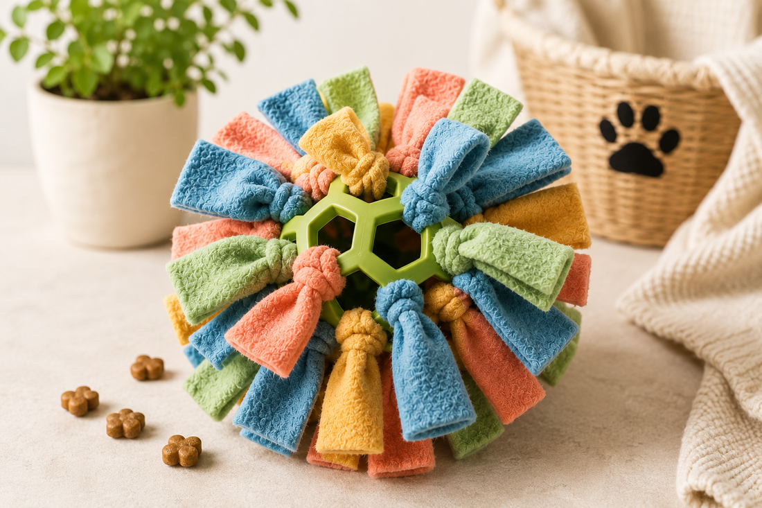 Handmade fleece snuffle ball dog toy made from blue, coral, mustard, and sage green fleece strips tied around a green plastic ball, arranged like a pom-pom on a cream surface with paw-shaped treats scattered nearby