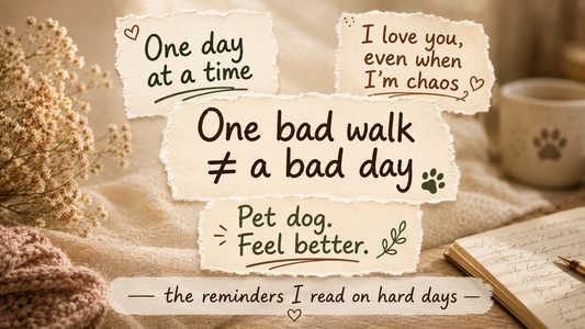 Four torn-paper notes reading "One day at a time," "I love you, even when I'm chaos," "One bad walk ≠ a bad day," and "Pet dog. Feel better."