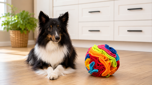 A black, white, and tan long-haired dog lying on a wood floor beside a colorful snuffle ball toy made of rainbow fleece strips, in a bright kitchen with white cabinets and a potted plant