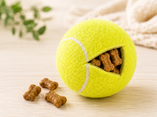 Bright yellow tennis ball with a small slit cut into the felt, filled with dog treats, styled on a wood surface with scattered dog treats, a sprig of greenery, and a folded cream towel in the background