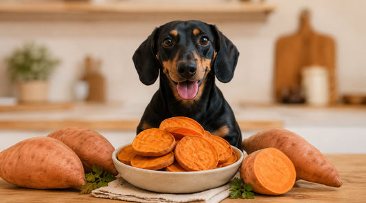 Black and tan dachshund sitting behind a white bowl of sliced sweet potato rounds, flanked by whole and halved sweet potatoes on a wood table with a blurred kitchen background