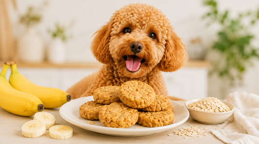 Reddish-brown poodle sitting behind a white plate of round banana oat dog cookies, with fresh bananas, banana slices, a bowl of rolled oats, and a folded cloth napkin on a wood table