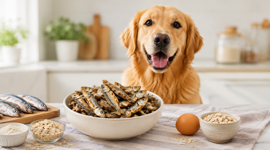 Golden retriever sitting behind a white bowl piled with baked sardine dog treats, with whole sardines on a cutting board, small bowls of oat flakes and flour, and a whole brown egg on a striped tablecloth