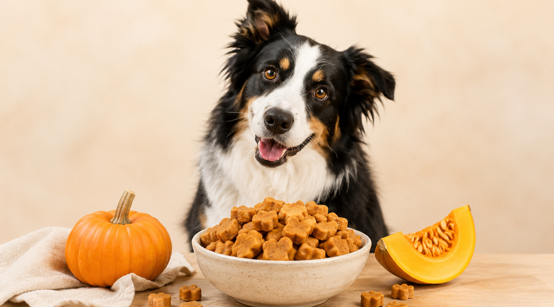 Tricolor dog sitting behind a bowl of bone-shaped pumpkin training treats, with a whole pumpkin and pumpkin wedge on a beige background
