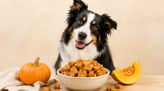 Tricolor dog sitting behind a bowl of bone-shaped pumpkin training treats, with a whole pumpkin and pumpkin wedge on a beige background