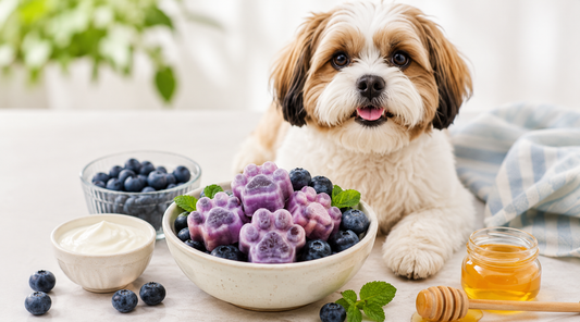 Shih Tzu mix sitting behind a white bowl of paw-shaped frozen blueberry yogurt treats, with a small bowl of blueberries, a bowl of yogurt, a jar of honey with a honey dipper, and scattered blueberries and mint leaves on a light wood table