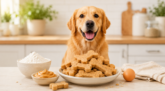 Golden retriever sitting behind a white plate piled with bone-shaped peanut butter dog treats, with a bowl of oat flour, a small dish of peanut butter, a whole egg, and a striped cloth napkin on a kitchen counter