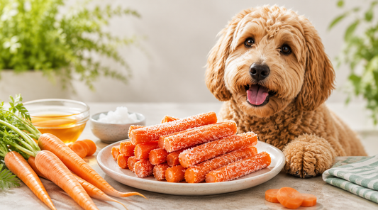 Golden doodle sitting behind a white plate of frosted frozen carrot sticks, with fresh whole carrots, a small bowl of oil, a small bowl of white coating, and a striped cloth on a marble table