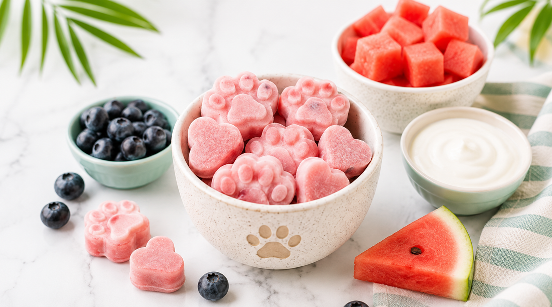 White bowl of pink paw-print and heart-shaped frozen watermelon yogurt dog bites studded with blueberries, surrounded by a bowl of blueberries, a bowl of watermelon cubes, a bowl of yogurt, a watermelon wedge, and a striped cloth