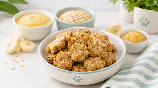 White bowl with a paw-print rim, filled with golden-brown flower-shaped baked banana applesauce oat dog treats, surrounded by a bowl of applesauce, a bowl of rolled oats, sliced bananas, and a striped cloth