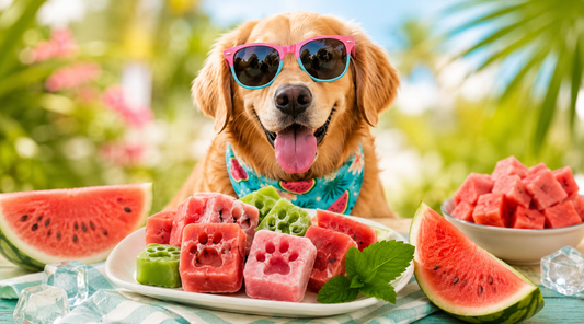 Golden retriever wearing sunglasses and a bandana, sitting behind a white plate of pink and green paw-shaped frozen watermelon and cucumber dog treats, with watermelon wedges, a bowl of watermelon cubes, ice, and a plaid cloth