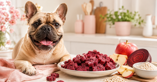 French bulldog lying on a pink blanket beside a white bowl piled with dark red beet and apple crunchy dog treats, with a halved apple, apple slices, a halved beet, and a small bowl of oats on a kitchen counter