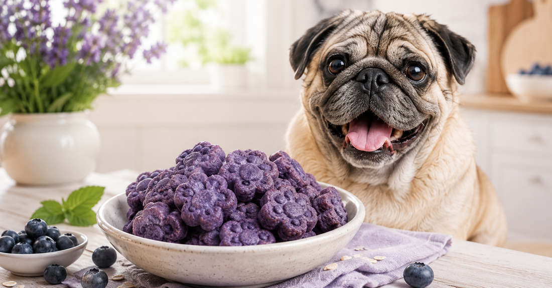 Pug sitting behind a white bowl piled with soft purple blueberry dog treats, with a small bowl of blueberries, scattered blueberries, a purple cloth, and blue flowers in the background