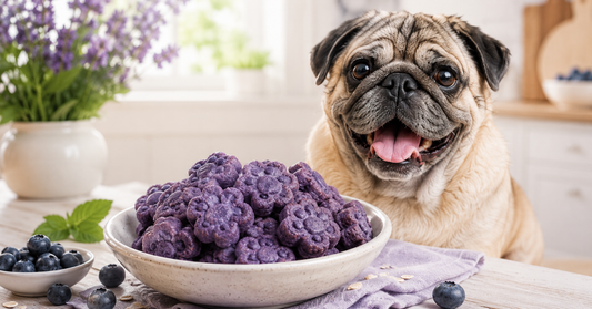 Pug sitting behind a white bowl piled with soft purple blueberry dog treats, with a small bowl of blueberries, scattered blueberries, a purple cloth, and blue flowers in the background