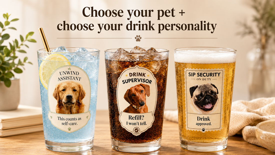 Three custom dog photo glasses: a golden retriever Unwind Assistant, dachshund Drink Supervisor, and pug Sip Security on duty