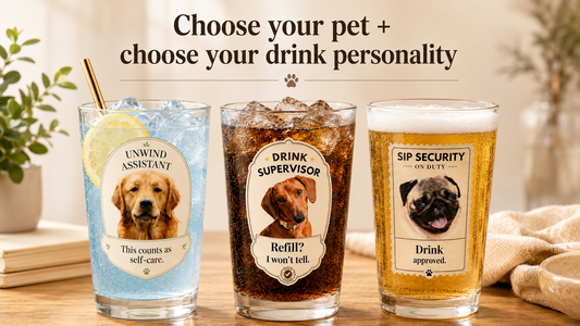 Three custom dog photo glasses: a golden retriever Unwind Assistant, dachshund Drink Supervisor, and pug Sip Security on duty