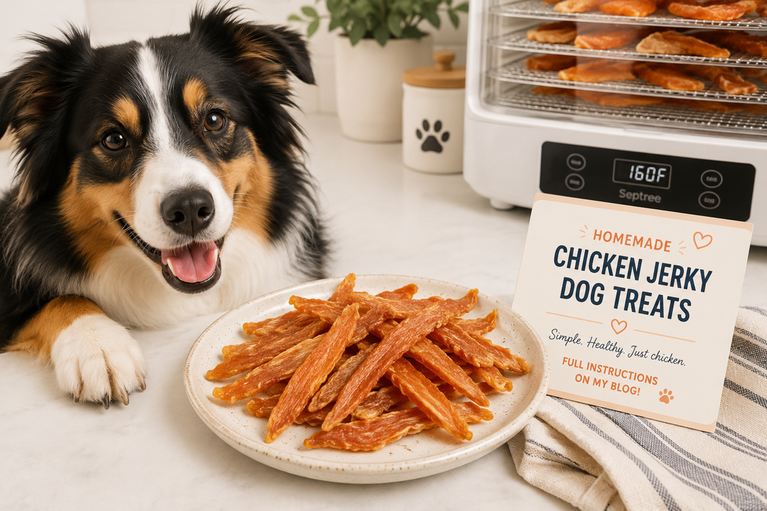A tri-color Australian Shepherd lying down and smiling at the camera beside a speckled ceramic plate piled high with chicken jerky strips