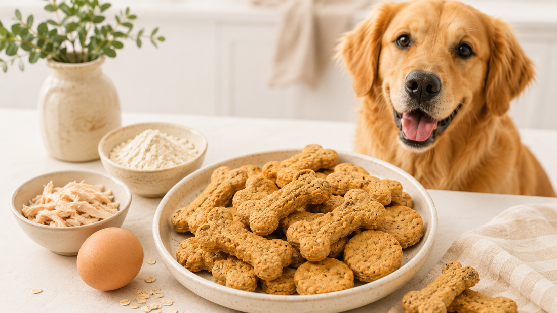 A Golden Retriever looking on beside a white plate piled with bone-shaped and round baked chicken dog treats, surrounded by small bowls of oat flour and shredded chicken, a whole egg, scattered rolled oats, a striped kitchen towel,