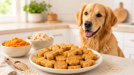 A Golden Retriever looking on beside a white plate piled with bone-shaped and round baked chicken and sweet potato dog treats, with small bowls of mashed sweet potato and shredded chicken behind it.