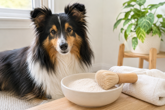 Fluffy Shetland Sheepdog sitting beside a bowl of homemade dry shampoo powder with a wooden application brush and rolled white towel