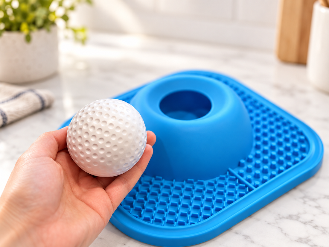 A hand holding a white dimpled golf ball for scale in front of a blue silicone slow-feeder mat with a raised dome-shaped cup and a textured rectangular base, set on a white marble countertop