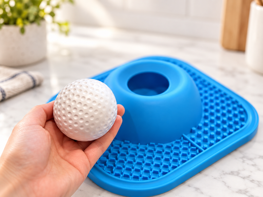 A hand holding a white dimpled golf ball for scale in front of a blue silicone slow-feeder mat with a raised dome-shaped cup and a textured rectangular base, set on a white marble countertop