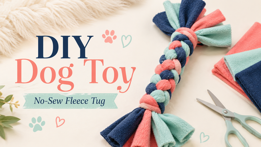 Graphic header for a DIY No-Sew Fleece Tug Toy tutorial, reading "DIY Dog Toy — No-Sew Fleece Tug Toy" over scattered paw-print and heart icons