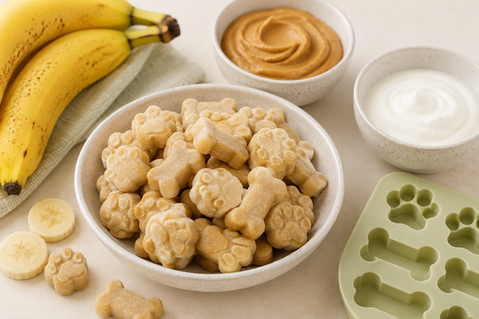 Bowl of frozen banana peanut butter yogurt dog treats in paw and bone shapes, with bananas, peanut butter, yogurt, and a silicone mold