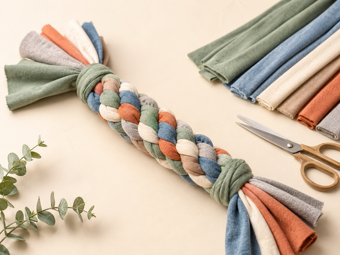Braided rope-style dog tug toy in sage green, dusty blue, cream, tan, and terracotta fleece, tied off at both ends, laid diagonally on a cream background next to folded fabric strips, wooden-handled scissors, and a sprig of eucalyptus