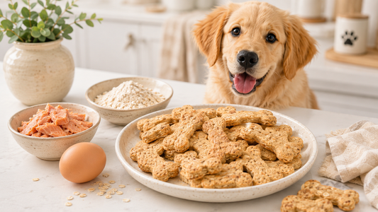 A golden retriever puppy sits behind a plate piled with bone-shaped salmon dog treats on a kitchen counter, surrounded by baking ingredients including flour and egg.