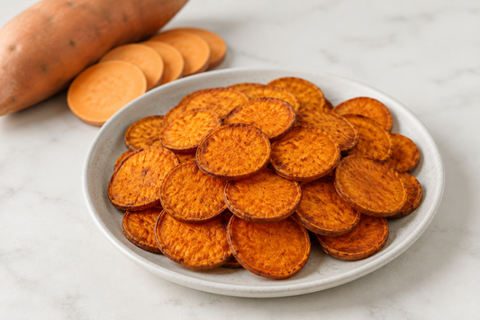 Plate of crispy air fried sweet potato rounds for dogs, with a whole and sliced sweet potato beside it