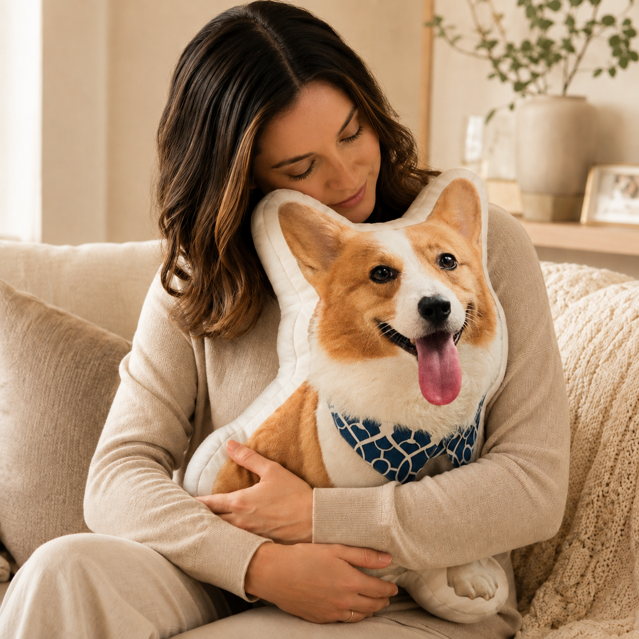 Woman gently hugging a custom pet photo pillow shaped like a corgi in a warm, neutral living room, creating a comforting pet memorial gift scene.