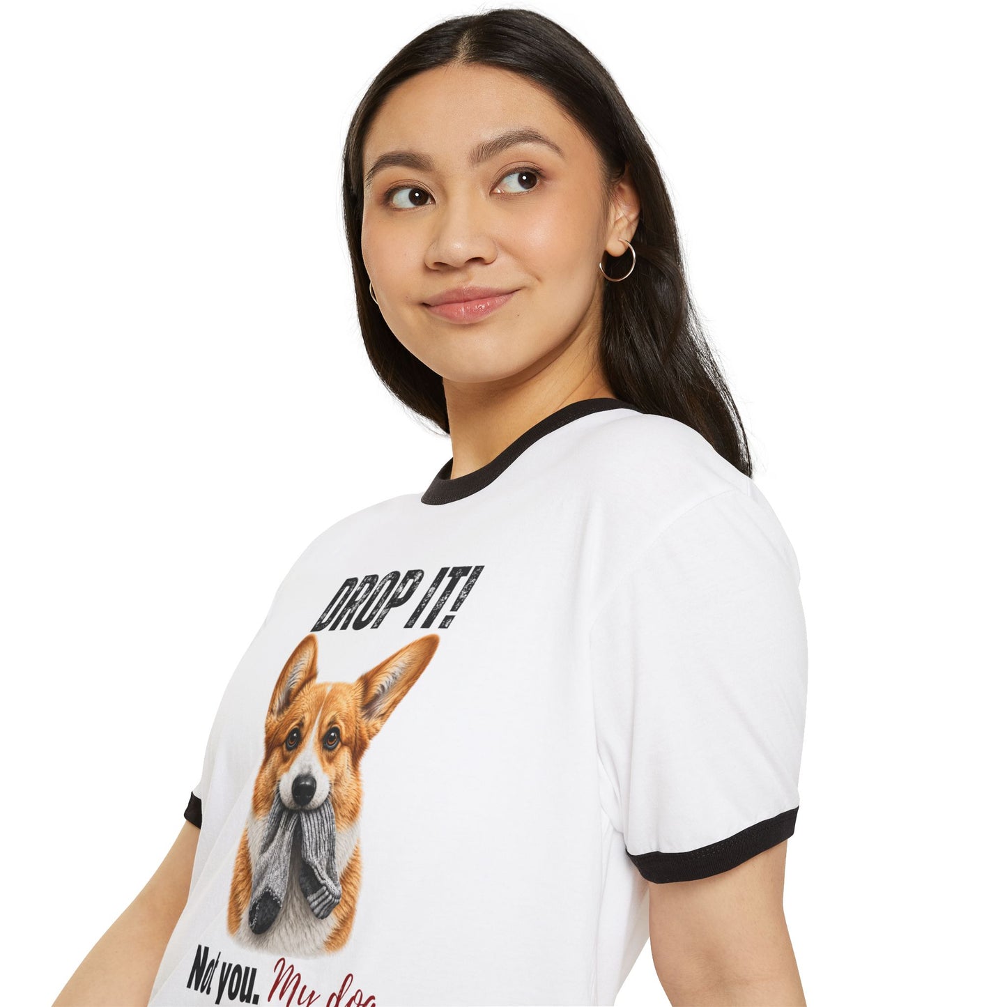 Drop It! Corgi Ringer Tee – Funny Corgi Mom Shirt