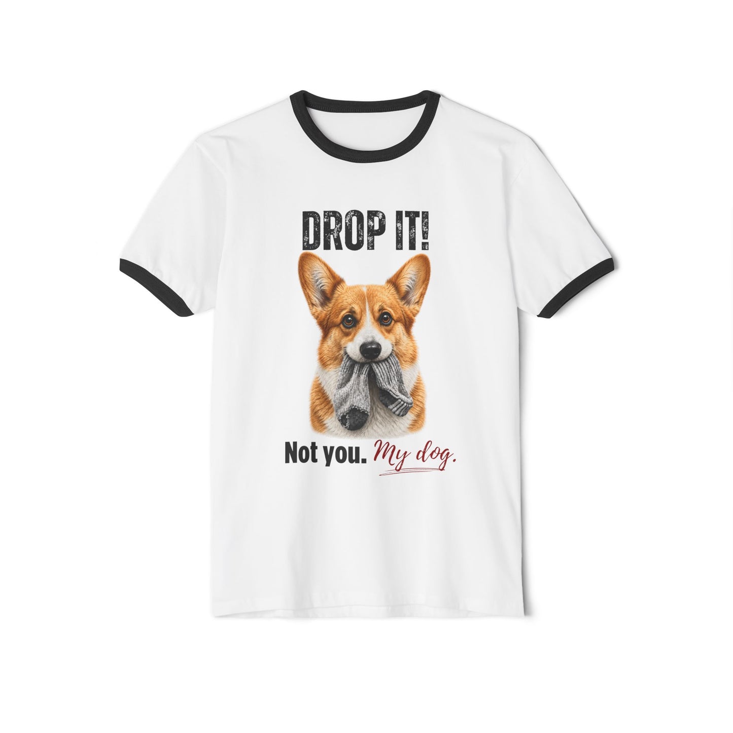 Drop It! Corgi Ringer Tee – Funny Corgi Mom Shirt