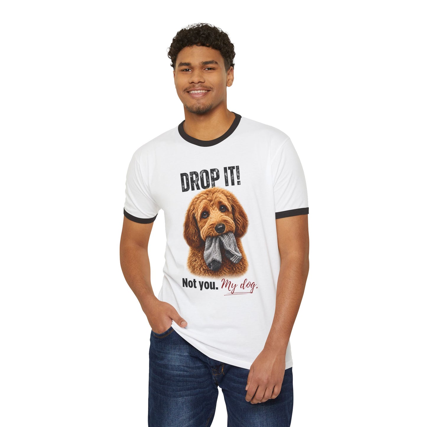 Drop It! Doodle Ringer Tee – Funny Goldendoodle Mom Shirt