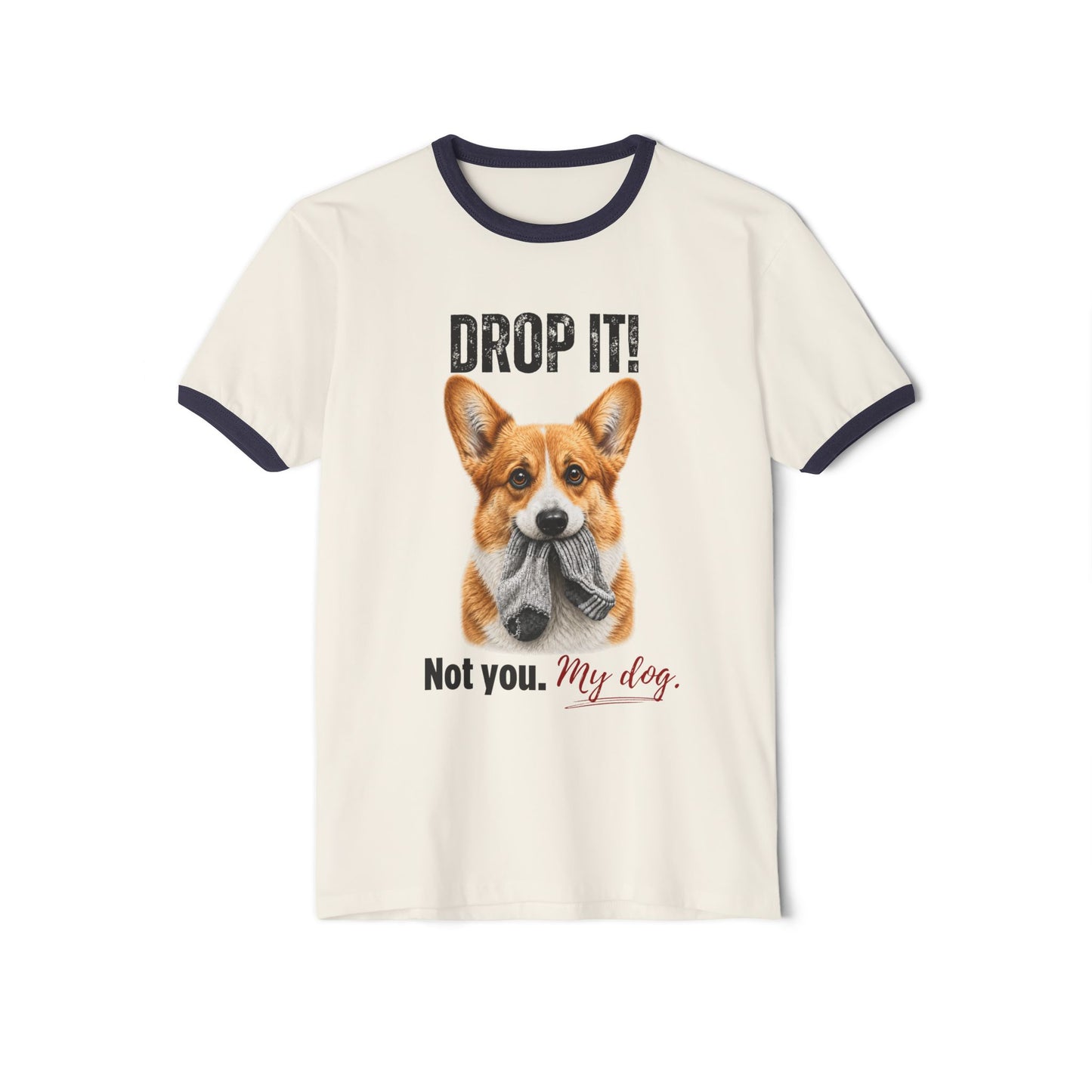 Drop It! Corgi Ringer Tee – Funny Corgi Mom Shirt