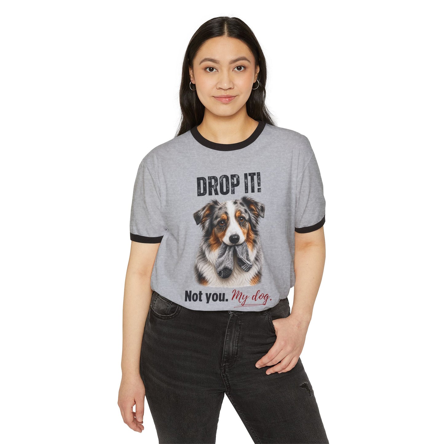 Drop It! Australian Shepherd Ringer Tee – Funny Aussie Mom Shirt