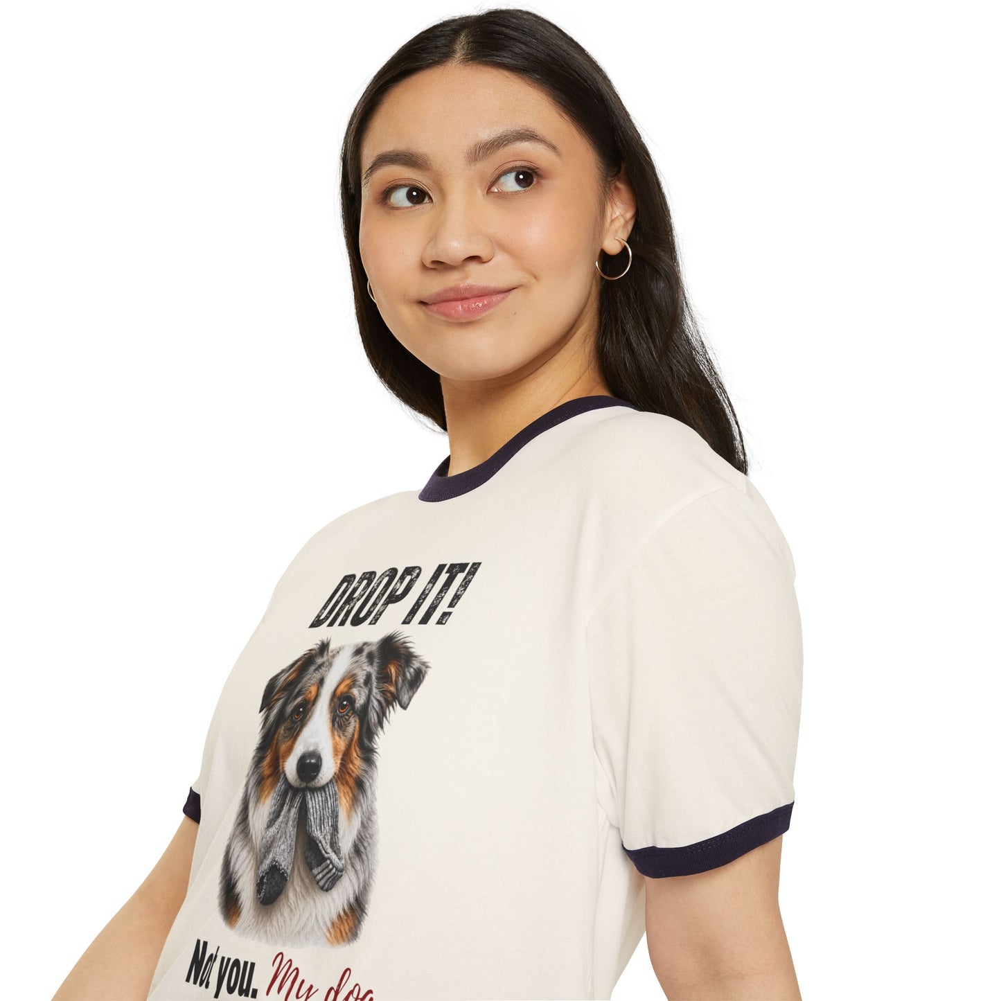 Drop It! Australian Shepherd Ringer Tee – Funny Aussie Mom Shirt