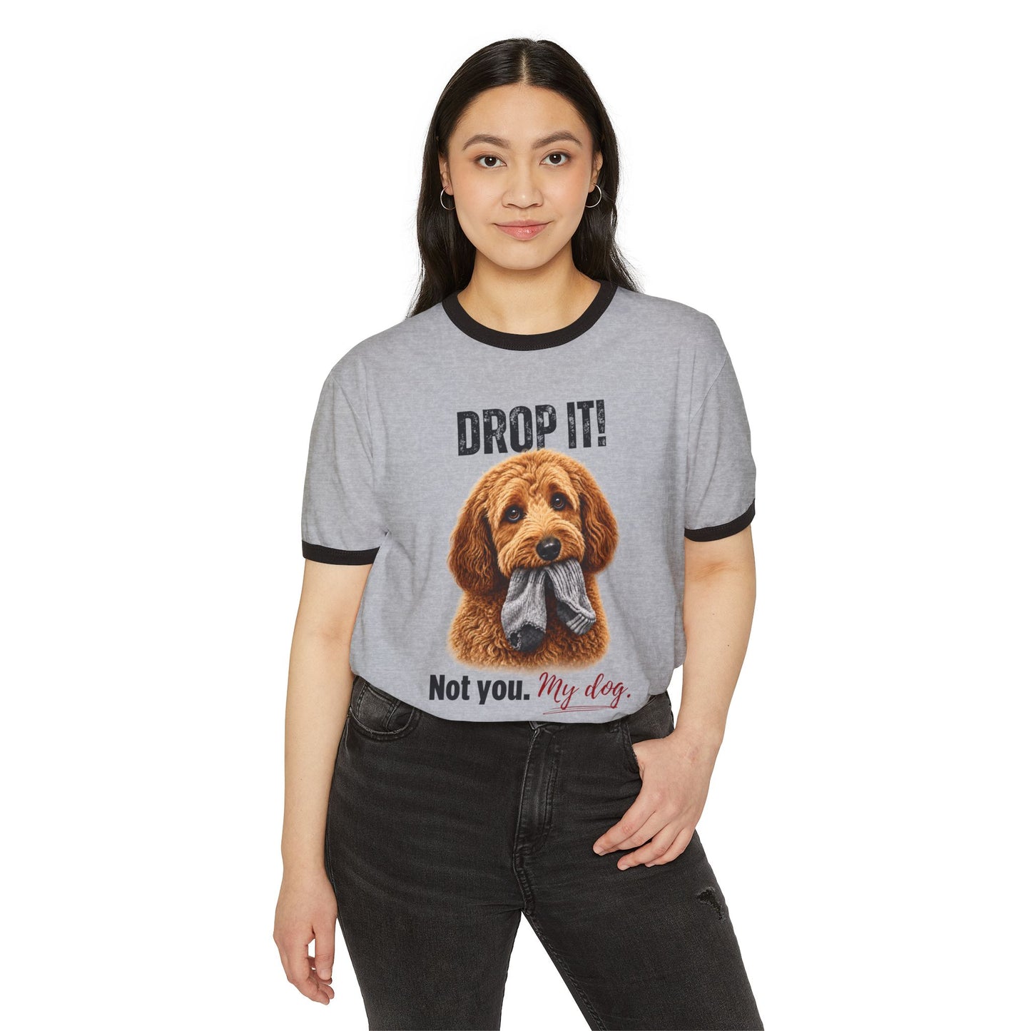 Drop It! Doodle Ringer Tee – Funny Goldendoodle Mom Shirt