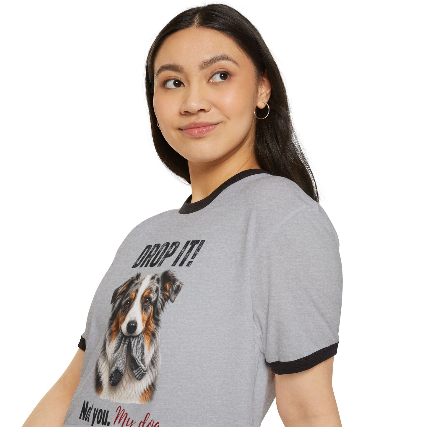 Drop It! Australian Shepherd Ringer Tee – Funny Aussie Mom Shirt