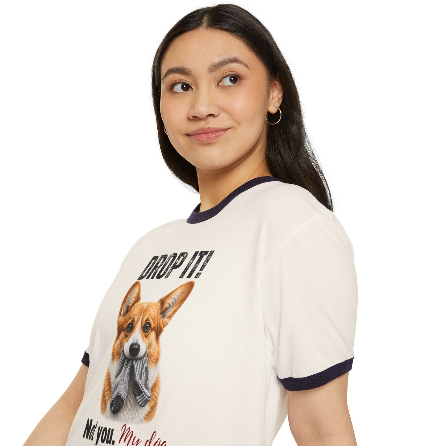 Drop It! Corgi Ringer Tee – Funny Corgi Mom Shirt