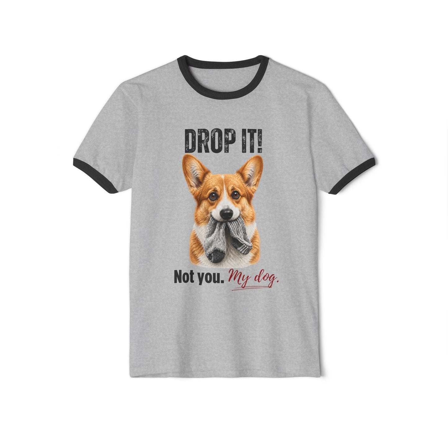 Drop It! Corgi Ringer Tee – Funny Corgi Mom Shirt