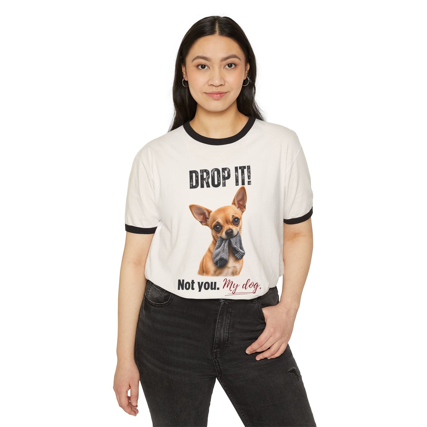 Drop It! Chihuahua Ringer Tee – Funny Chihuahua Mom Shirt